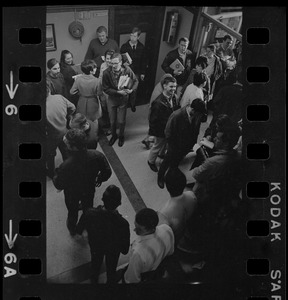 Crowd gathered outside room 101 of Boston State College administration building where Black students have seized an office