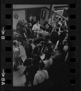 Crowd gathered outside room 101 of Boston State College administration building where Black students have seized an office