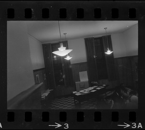 View of room where meeting of Boston State College Black student leaders, President O'Neill, and others met to discuss Black student demands during protest occurred