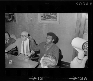 James Moore (right), leader of the Boston State College Black Student Association, President John O'Neill (center) and Trustees' Chairman John M. Cataldo (left) issued a joint statement of an agreement reached to end the Black student occupation