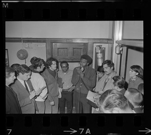 Boston State College Black Student Association leader, James Moore, speaking to a group during the Black student protest
