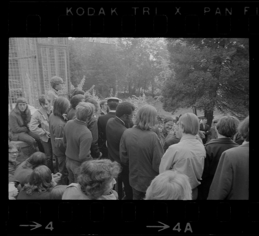 About 100 students block entry of Navy recruiters (white caps) into Alumni Hall at Boston College during protest against Vietnam war