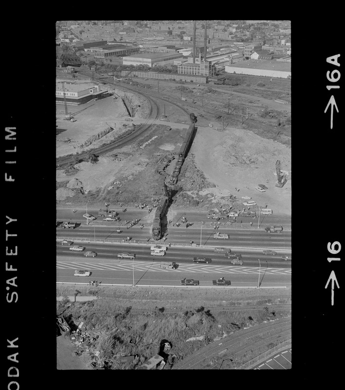 View of Southeast Expressway after runway train blocks the northbound lanes of the Southeast Expressway