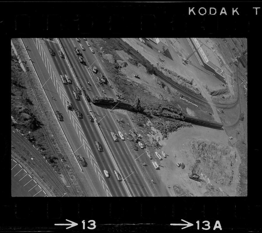 Runaway Penn Central locomotives block most of the Northbound lane of the Southeast Expressway in South Boston