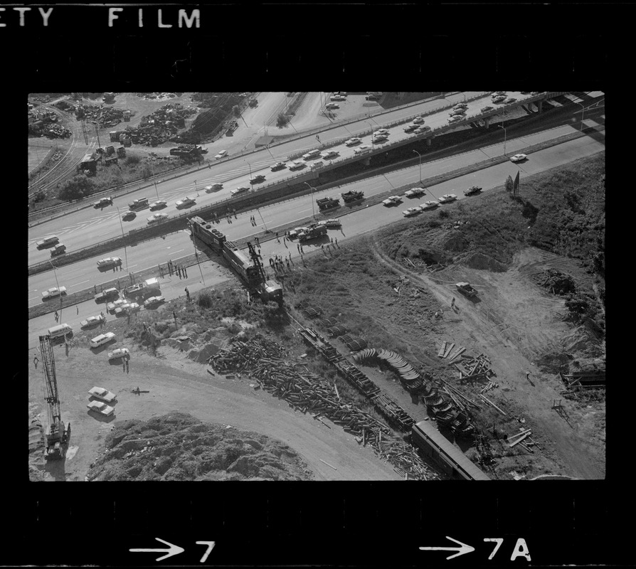 Runaway Penn Central locomotives block most of the Northbound lane of the Southeast Expressway in South Boston