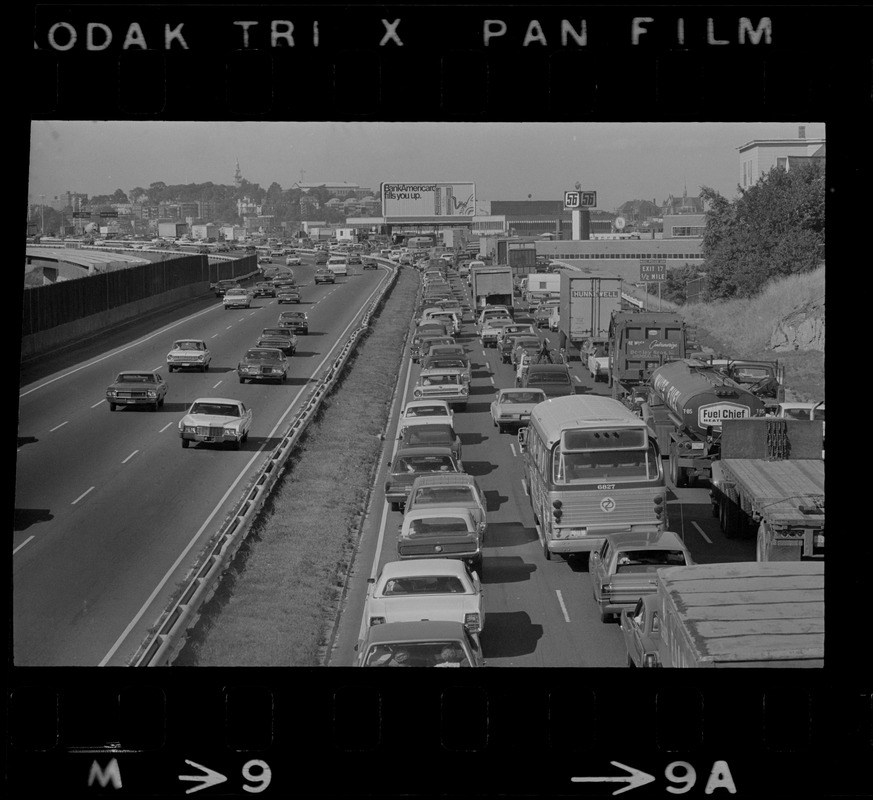 View of traffic on Southeast Expressway after runway train block the northbound lanes in South Boston