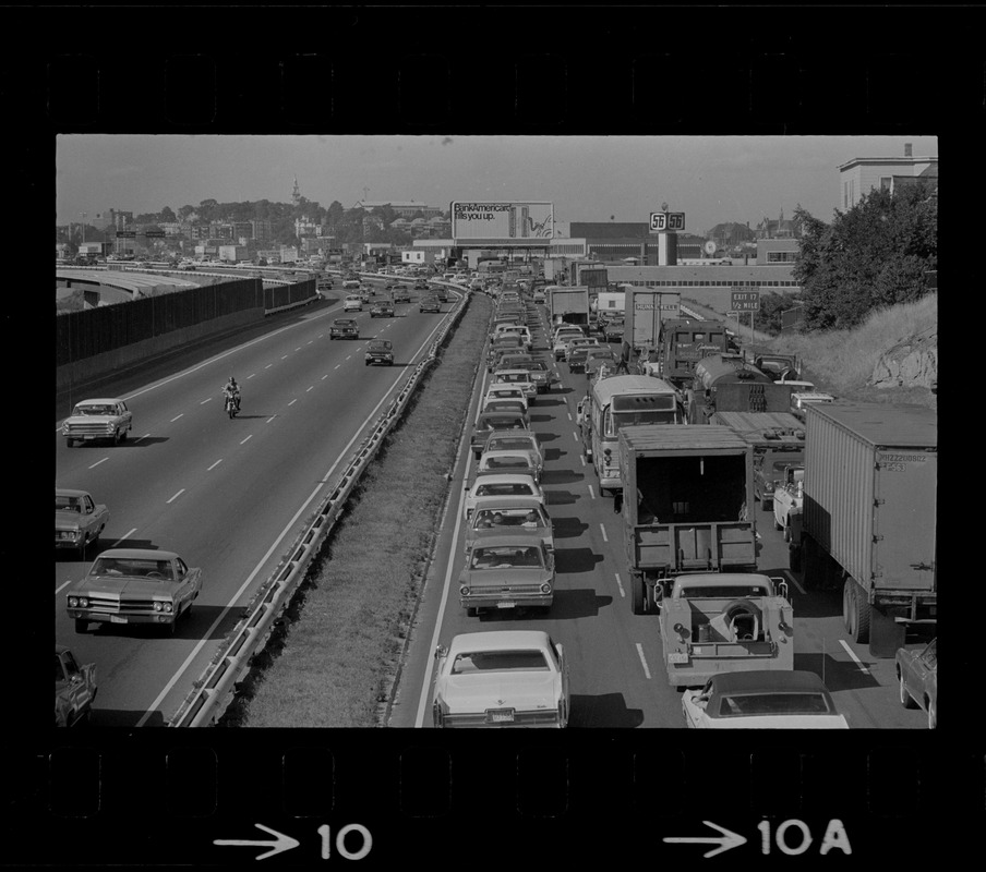 View of traffic on Southeast Expressway after runway train block the northbound lanes in South Boston