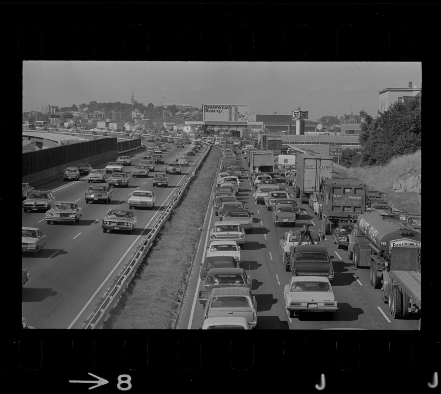 View of traffic on Southeast Expressway after runway train block the northbound lanes in South Boston