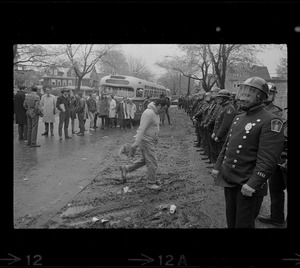 Police standing in front of Tufts University dormitory construction site, the center of student opposition