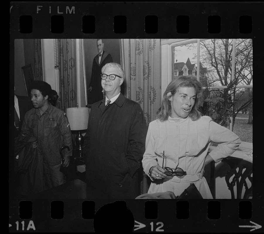 Tufts University President Burton Hallowell, center, and Jackson College Dean Antonia Chayes, seen during Tufts University student protests