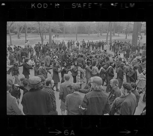 Harvard students, some forming a line, gathered in Harvard Yard in protest