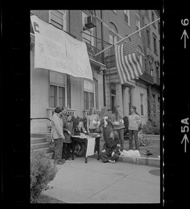 Student protesters assembled outside a building and organizing a telegram campaign in opposition to the Vietnam War and Kent State shootings