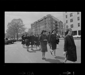 A group of nuns marching down a street