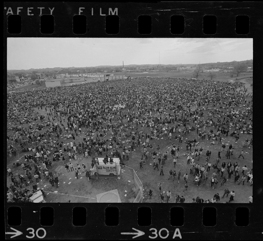 View of the crowd at a student rally at Soldiers Field