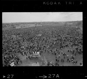 View of the crowd at a student rally at Soldiers Field