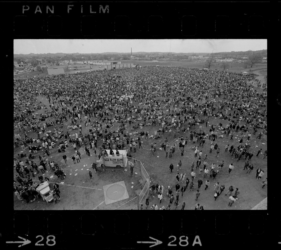 View of the crowd at a student rally at Soldiers Field