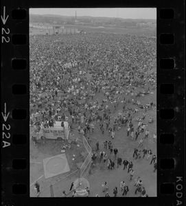 View of the crowd at a student rally at Soldiers Field