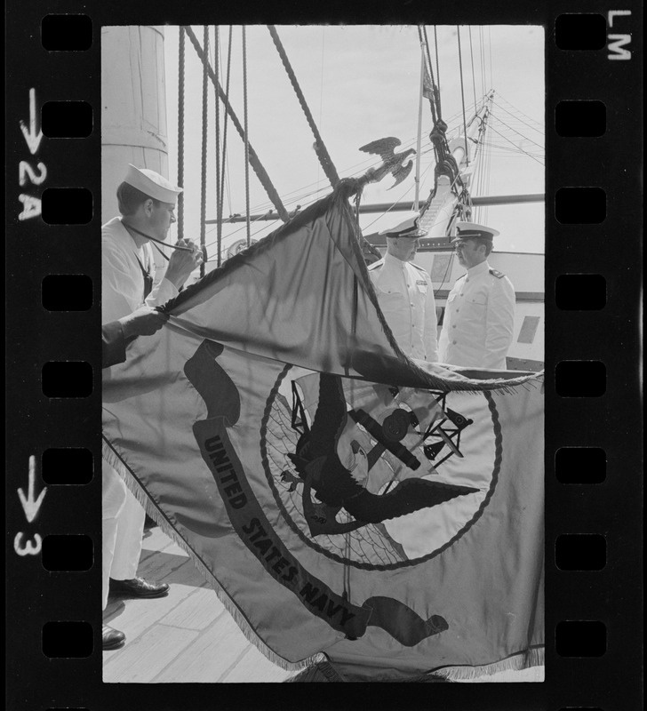 United States Navy Flag waving during Tufts NROTC commissioning ceremony on the USS Constitution