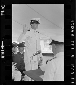 Tufts - NROTC midshipman taking oath during the commissioning ceremony aboard the USS Constitution