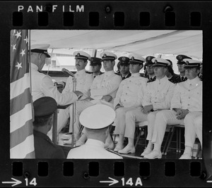 Rear Admiral J.C. Wylie, conducting commissioning ceremony to Tufts University NROTC classmates who became ensigns in the US Navy
