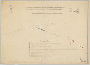 Battallien imellem den Engelske Flode Commanderet af Admiral Lord Rodney og den Franske Flode commanderet af General Lieutenant Grev de Grasse den 12. April 1782 imellem Öerne Dominique og Gaudaloupe : 1. plan af: Første Stilling af begge Floderne klokken 7 timer 45 minutter om morgenen da slaget begÿnte