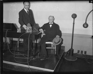 Harvard President A. Lawrence Lowell prepares for his first radio speech, on the situation in China.