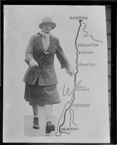 Eleonora Sears walks from Newport to Boston, 73 miles, taking 17 hours to do the trick. (Composite image of Sears walking and map of route.)