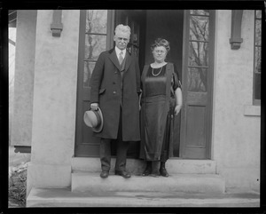 Hiram Maxim, inventor of the gun silencer, with his wife of their home in Hartford, Conn.