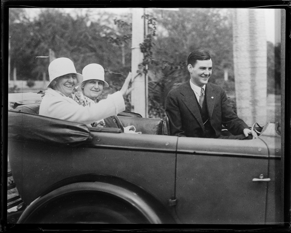 Mrs. Hoover, Mrs. Thomas Edison and Herbert, Jr. in open car