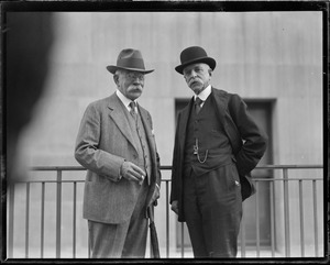 George W Wickersham (I), Chairman of Hoover's law enforcement commission with Judge Robert Grant at the dedication of Langdell Hall, Harvard Law School