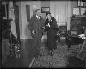Mayor Curley presents Shillelagh to Aimee Semple McPherson