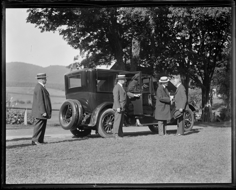 Pres. greets his father Colonel Coolidge at old homestead in Plymouth, VT