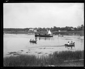 Pres. Coolidge aboard the Mayflower's launch leaving Cohasset where they had visited Clarence Barson's (?) estate