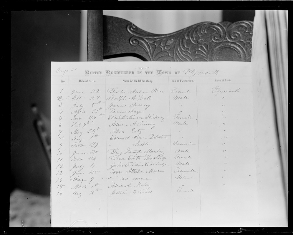 Birth register for Plymouth, VT. Showing entry for Calvin Coolidge