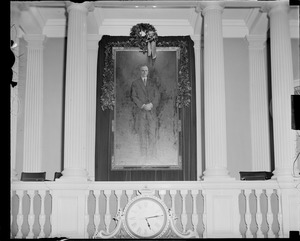 Portrait of Calvin Coolidge in Mass. Senate Chamber draped in mourning