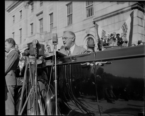Franklin Delano Roosevelt giving speech from auto while in Providence, Rhode Island