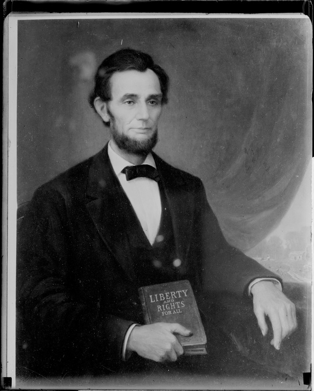 Abe Lincoln holding volume "Liberty and Rights for All"