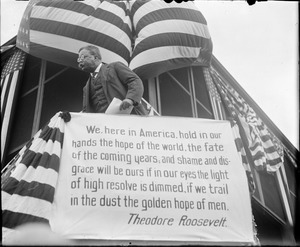 Teddy Roosevelt on the campaign trail speaking from rail car in Boston