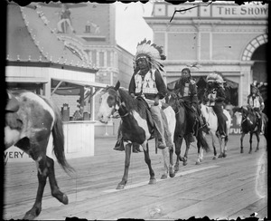 Real American Indian on horse back before the Wild West Show began in Boston. Maine Indians, Plymouth, Mass.