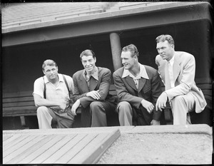 Jimmy Foxx, Joe DiMaggio, Lou Gehrig, and Bill Dickey in Fenway dugout