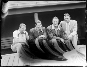 Jimmy Foxx, Joe DiMaggio, Lou Gehrig and Bill Dickey in Fenway dugout