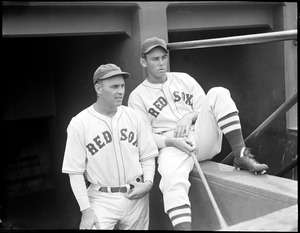 Two Red Sox players on dugout steps