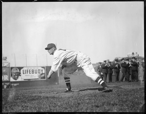 Lefty Grove of the Red Sox throws from the mound, at Fenway