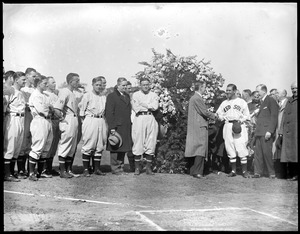 Washington Senators look on as wreath is presented to Red Sox manager Bucky Harris