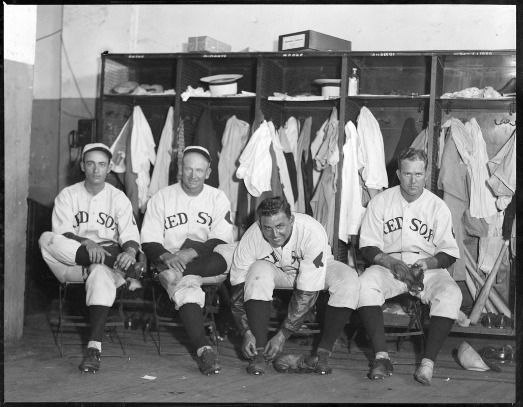 Red Sox players in clubhouse. L-R: Ed "Bull" Durham, Wilcy Moore, Bob Kline and Paul Ivy Andrews