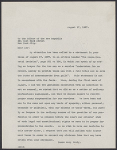 Sacco-Vanzetti Case Records, 1920-1928. Defense Papers. Arthur D. Hill Correspondence: N. Box 22, Folder 12, Harvard Law School Library, Historical & Special Collections