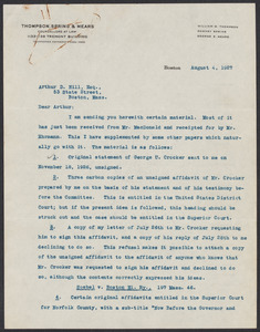 Sacco-Vanzetti Case Records, 1920-1928. Defense Papers. Arthur D. Hill Correspondence: Thompson, William G. Box 22, Folder 16, Harvard Law School Library, Historical & Special Collections