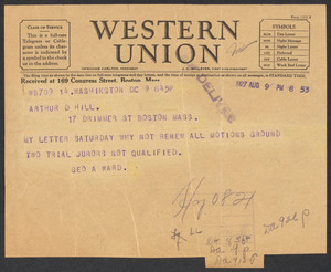 Sacco-Vanzetti Case Records, 1920-1928. Defense Papers. Arthur D. Hill Correspondence: U-W, anonymous. Box 22, Folder 17, Harvard Law School Library, Historical & Special Collections