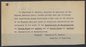 Sacco-Vanzetti Case Records, 1920-1928. Defense Papers. Other materials in Arthur Hill Files. Box 22, Folder 20, Harvard Law School Library, Historical & Special Collections