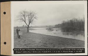 Ware River, flooded meadows 1/4 above Old Furnace, drainage area = 137 square miles, flow 1120 cubic feet per second = 8.2 cubic feet per second per square mile, Hardwick, Mass., 2:50 PM, Apr. 3, 1933